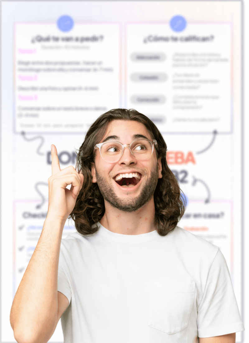 Infografía del PDF con las tres tareas de la prueba oral y lo que dura cada una