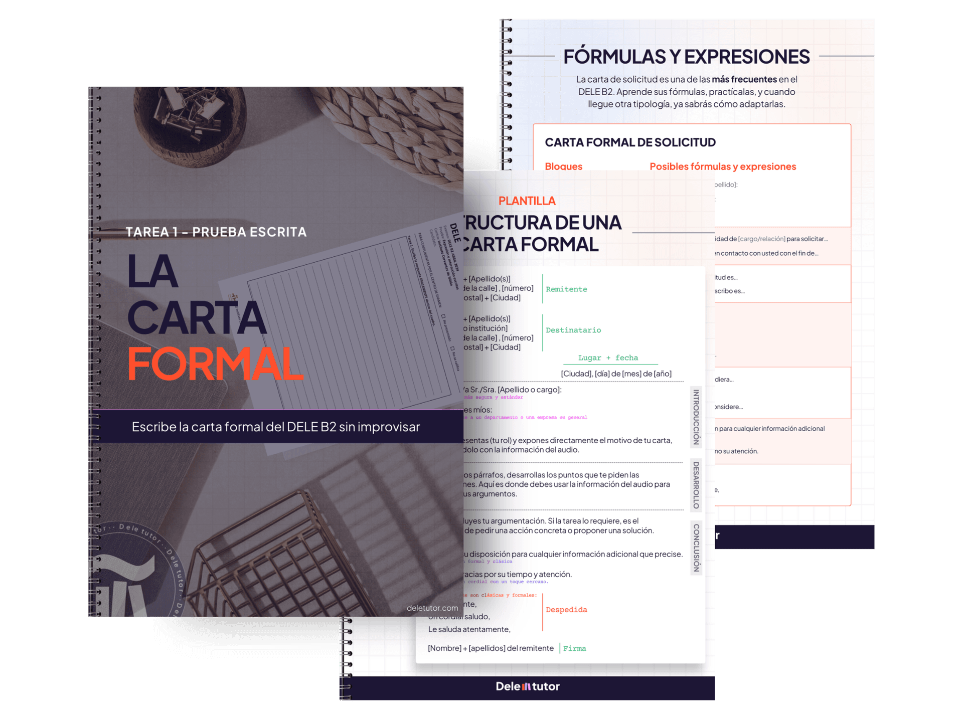 Tres páginas del PDF: la portada, las fórmulas y expresiones y la plantilla de la estructura