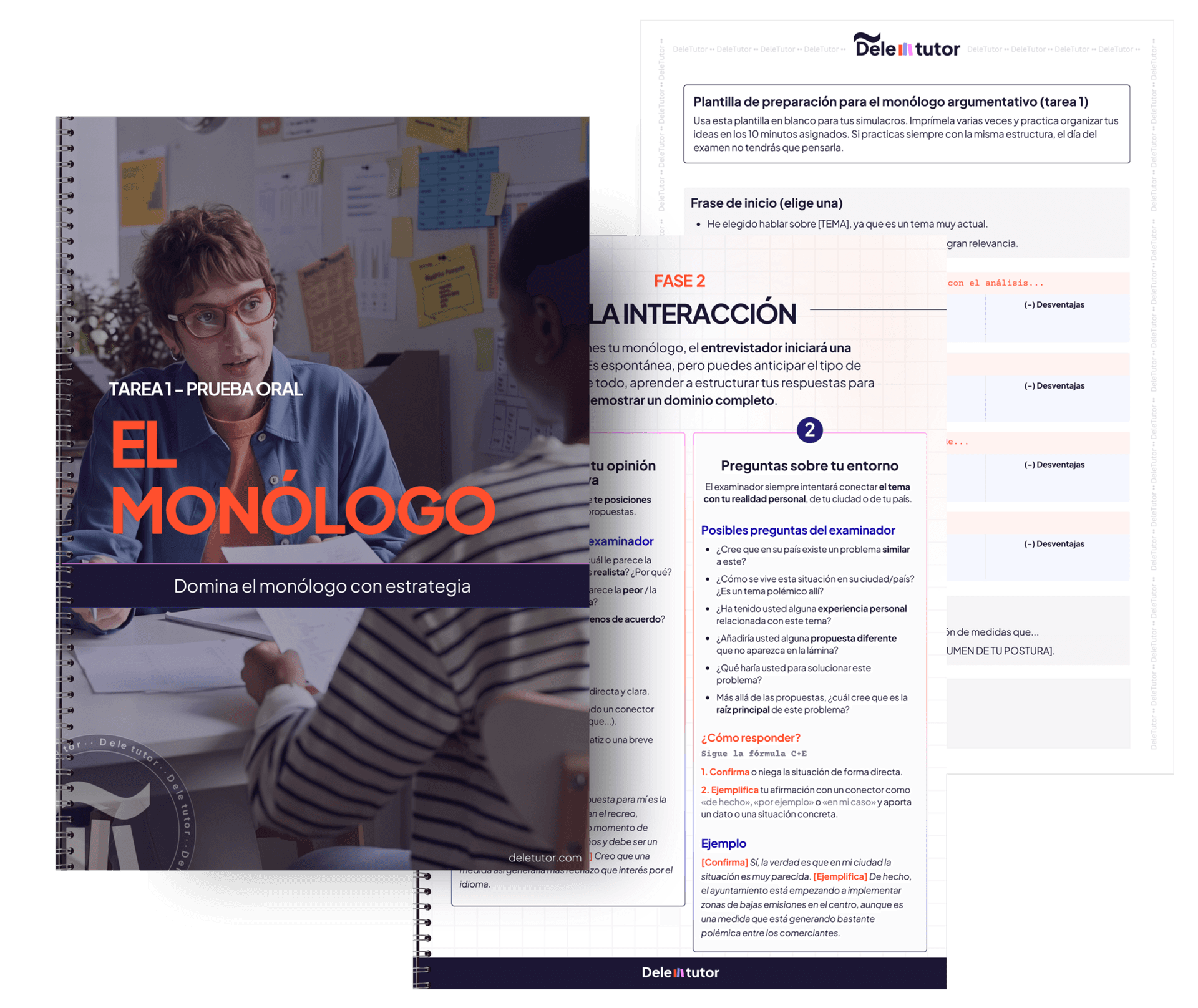 Tres páginas del PDF: la portada, la fase de interacción con el examinador y la plantilla de preparación