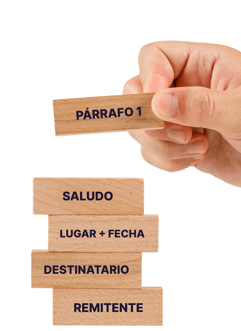 Bloques de madera apilados con las partes de la carta: remitente, destinatario, lugar y fecha, saludo y párrafo 1