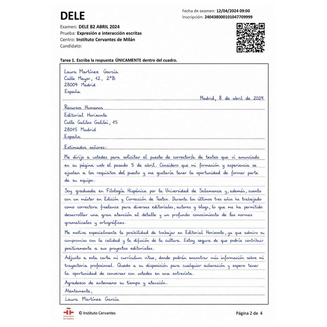 Hoja de respuestas del DELE B2 con la carta formal escrita a mano