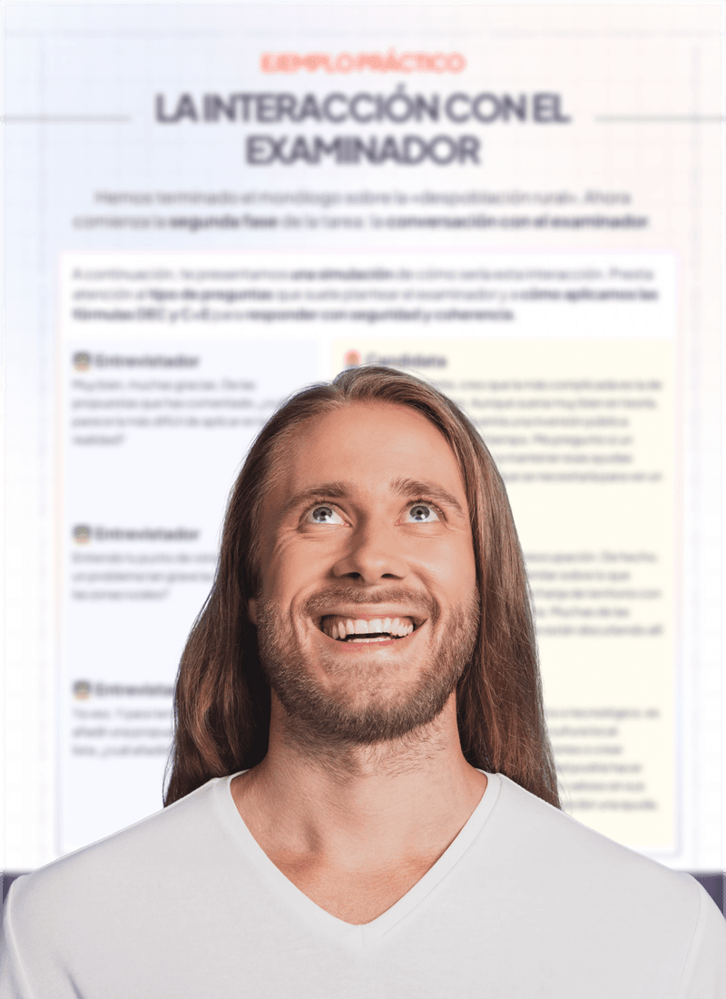 Página «La interacción con el examinador» del PDF, con las preguntas del examinador y las respuestas de la candidata